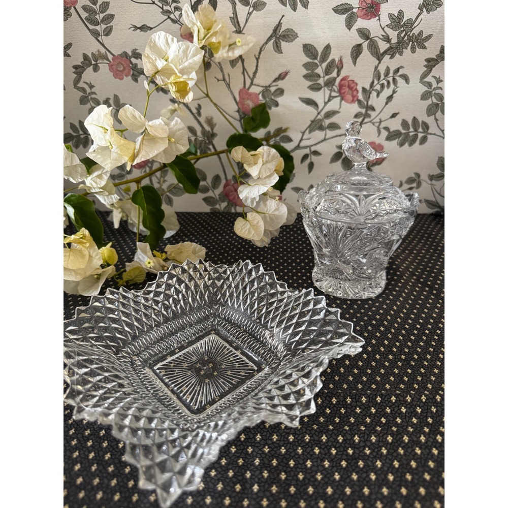 Vintage Glass vanity set, bird lid candy dish and cut glass bowl trinket dishes